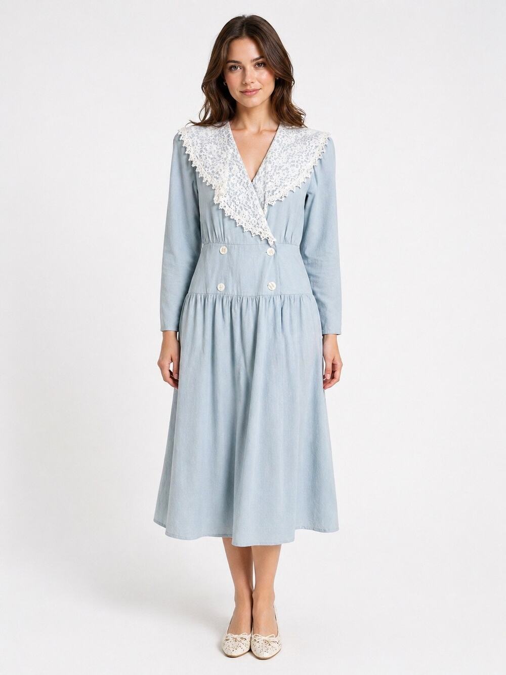 1980s Variations Blue Prairie Dress Lace Collar Cottagecore wrap front Small